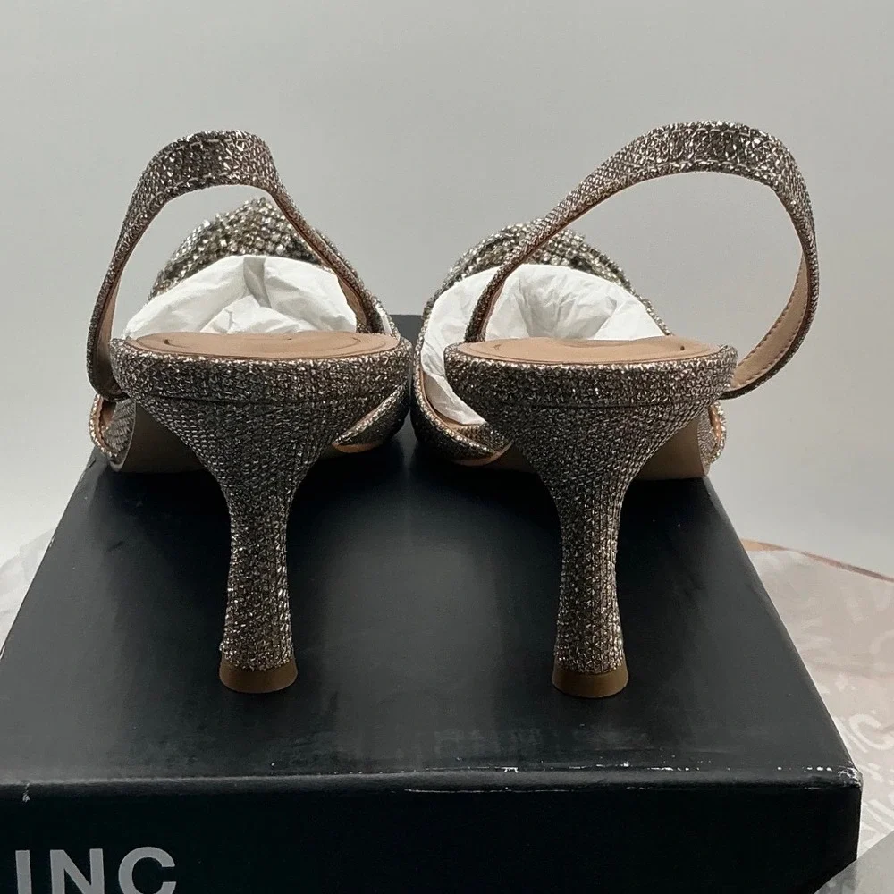 INC International Concepts Women Rhinestone Bow Slingback Metallic Pumps Gold
